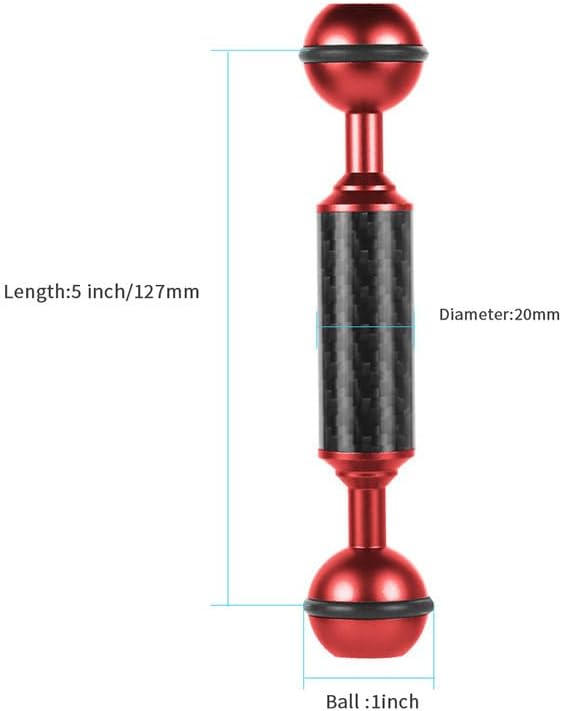 Carbon Fiber Underwater Float Arm, 1-inch Dual Ball Buoyancy Arm for Underwater Camera Tray, Video Light & Strobe for Scuba Diving Photography & Videography (Red, 5 inches)