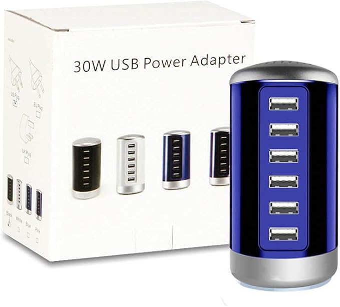 Universal USB Charger 6-Port Desktop USB Charging Station with Smart Identification Technology Compatible for for All iPad iPhone 15 14 13 12 11 Pro Max Pixel Note Galaxy (Blue)