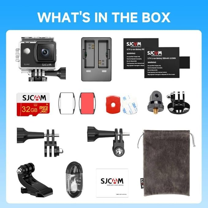 SJCAM SJ4000 Pro-Grade 4K Action Camera, 40MP 3-Axis EIS Stabilization Motorcycle Sport Camera, 170°FOV Waterproof Camera Underwater, 5X Zoom, Dual Batteries, 32G SD Card and Helmet Accessory Kit