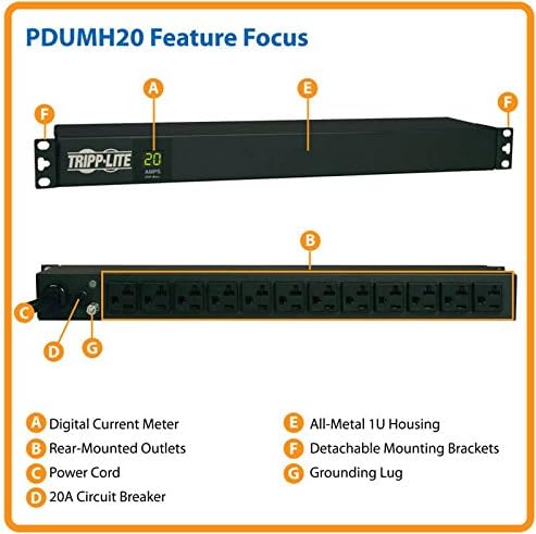 Tripp Lite Metered PDU, 20A, 12 Outlets (5-15/20R), 120V, L5-20P / 5-20P, 110-127V Input, 15 ft. Cord, 1U Rack-Mount Power, 2 Year Warranty (PDUMH20) black