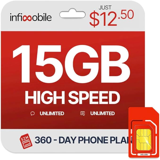 $12.50/Month | Infimobile Prepaid Unlimited Plan: 12 Months | 15GB High-Speed Data Per Month | Unlimited Data Talk & Text | Prepaid Plan Service SIM Card | Nationwide Coverage | 4G, 5G Network