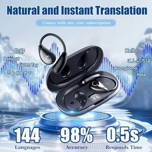 AI Real-Time Translation Earbuds, Bluetooth 5.4 Language Translation Headphones, Supporting 144 Language Accents, Ear-Hanging Language Translation Device, Suitable for Business Travel and Learning