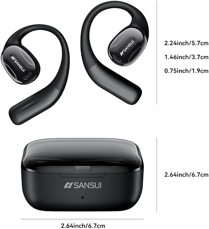 SANSUI Open Ear Headphones,Wireless Earbuds with Ergonomic Earhook,Bluetooth Headphones 5.4 with Noise Cancelling Mic,56H Playtime,IP55 Waterproof Ear Buds for Cycling,Running,Workout(Black)