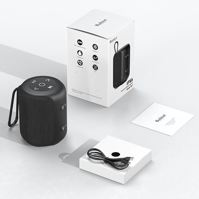 Bobtot Portable Speaker Bluetooth, IPX6 Shower Speaker Waterproof, 15H Playing Time, Loud and Stereo Sound with Bass, Dual Pairing for Party, Camping, Travel, Black