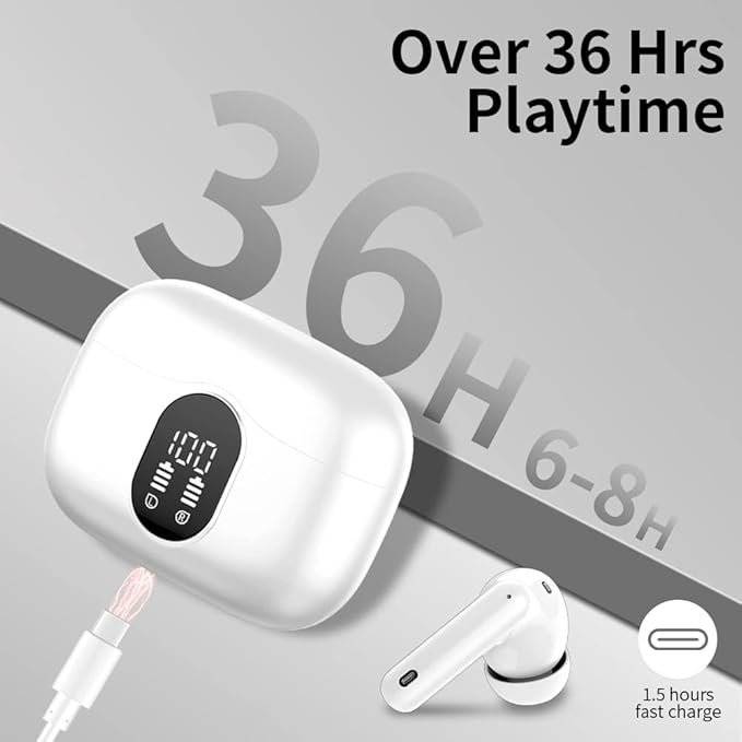 Wireless Earbuds Bluetooth 5.4 Headphones Bass Stereo Ear Buds with Noise Cancelling Mic LED Display in Ear Earphones IP7 Waterproof 36H Playtime for Laptop Pad Phones Sports Workout White
