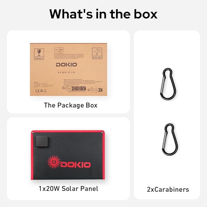 DOKIO 20W Foldable Solar Charger, ETFE Portable Solar Panel with USB-C & USB-A, Water-Resistant Surface for Phone & Power Bank Charging, Camping Hiking Emergency