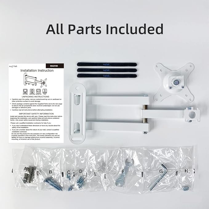 Suptek TV Wall Mount Swivel Tilt Rotation Full Motion Adjustable Articulating for Most 15-32 inch LED, LCD Monitor Wall Mount VESA 75,100, White (MA2720W)