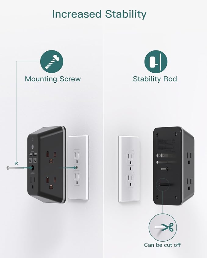 Surge Protector, Outlet Extender with Night Light, Addtam 5-Outlet Splitter and 4 USB Ports(2 USB C), USB Wall Charger Power Strip, Multi Plug Wall Outlet for Home, Office, School, Black