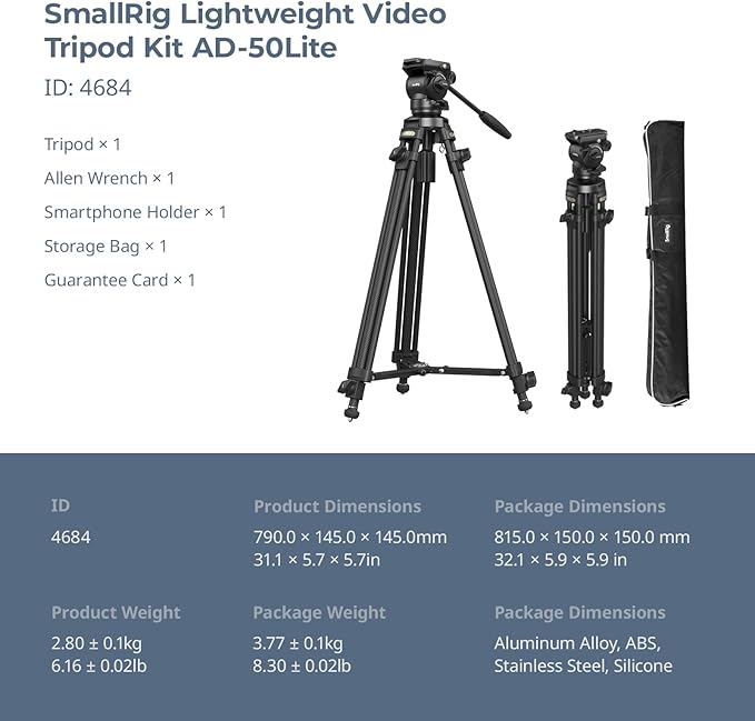 SmallRig AD-50 Lite Video Tripod, Heavy Duty Tripod with 360°Fluid Head, 62" Aluminum Alloy Travel Tripods with QR Plate, Lift Rope, Load up to 11lb for DSLR, Camcorder, Camera