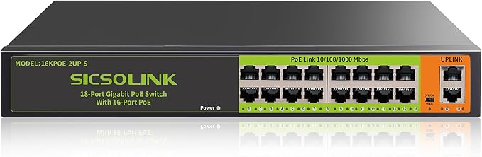 18 Ports PoE Switch, 16 Gigabit PoE+Switch with 2 Gigabit Uplink, 1000 Mbps, Fanless Silent Operation, 250W, 802.3 af/at, Unmanaged, 19''Rackmount, Qos, Suitable for POE Camera System, AP, WiFi