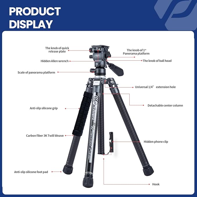Fotopro Carbon Fiber Tripod 2.3lbs Ultralight 62 Inch Portable Travel Video Tripod for Camera DSLR Load up to 22lbs X-Aircross 3 Video Grey