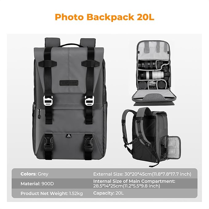 K&F Concept Camera Backpack, Camera Bags for Photographers Large Capacity Camera Case with Raincover,15-15.6 Inch Laptop Compartment Compatible for Canon/Nikon/Sony/DJI Mavic Drone
