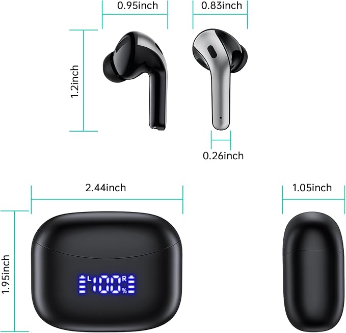 Wireless Earbuds, Bluetooth Ear Buds Headphones, 60H Long Playtime, Stereo Deep Bass, LED Power Display, IPX7 Sport Waterproof, Lightweight in-Ear Earphones with Mic for iPhone Android PC TV Computer