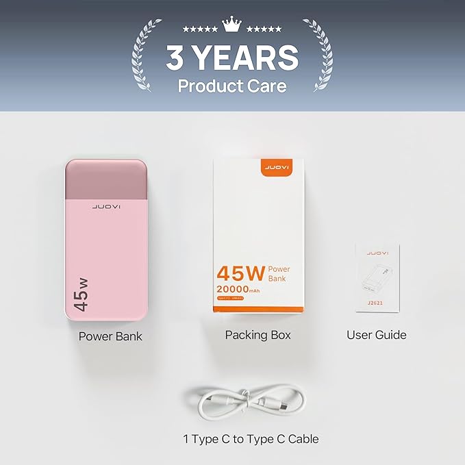 J2621 Power Bank Portable Charger,20000mAh 45W PD3.0 QC 4.0 Fast Charging Battery Pack with LED Display,2 USB-C,2 USB-A for iPhone 15 16, MacBook (Pink)