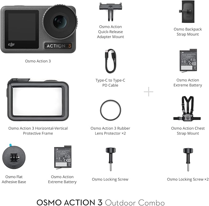 DJI Osmo Action 3 Outdoor Combo - 4K/120fps Action Camera with Chest & Backpack Strap Mount for Hiking and Cycling, Super-Wide FOV, HorizonSteady, Cold Resistant & Up to 320 Mins with 2 Batteries