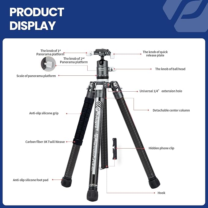 Fotopro 62 Inch Carbon Fiber Tripod for Camera Ultralight Travel Camera Tripod Max Loads Up 22lbs X-Aircross 3 Grey