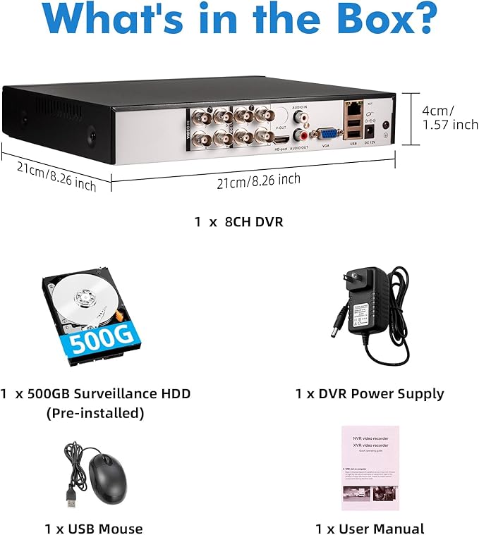 8 Channel Security DVR Recorder,5MP 8CH Surveillance Video Recorder for Security Camera,5MP Hybrid 6-in-1 Camera DVR AHD/TVI/XVI/CVI/CVBS/IP with Human Detection,24/7 Recording(with 500GB Hard Drive)