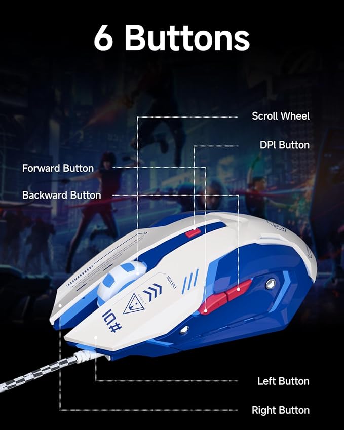 EWEADN G10 Wired Gaming Mouse, Computer Mouse with RGB Backlit, 3200 DPI Adjustable, Quiet Clicks, Ergonomic Wired Mouses with 6 Buttons and 4.2FT Cord, USB Mouse for PC/Win/Laptop, White-Blue