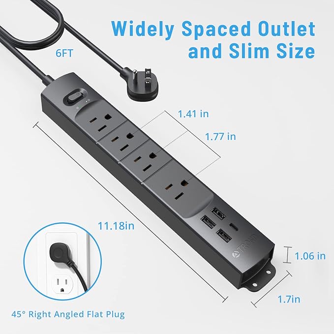 TROND Surge Protector Power Strip with USB, Ultra Thin Flat Plug 6ft Long Extension Cord 1625W, 3 USB A & 1 Type C, 4 AC Outlets 1440J Surge Protection Wall Mount for Home Office Dorm Room, Black