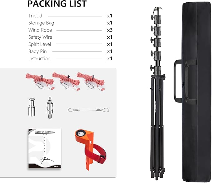 RAUBAY 24' Tall Tripod Stand, Extreme Tall Heavy Duty Sports Camera Video Tripod, Spring Telescoping Aluminium Alloy Large Light Stand with 1/4"& 3/8" Screw, Professional Sky High Tripod for Outside…