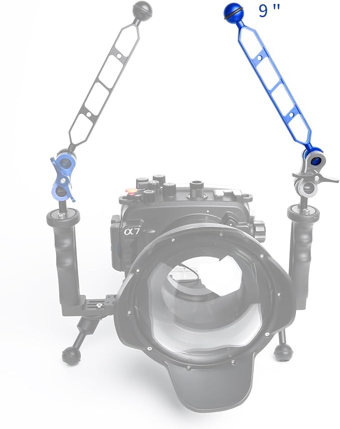 Blue 9" Underwater Aluminum Alloy Extension Arm (2-Pack) - Dual Ball System with 1" Head Connector, Waterproof & Rustproof for Diving Camera Tray/Strobe/Video Light, Scuba Photography Gear