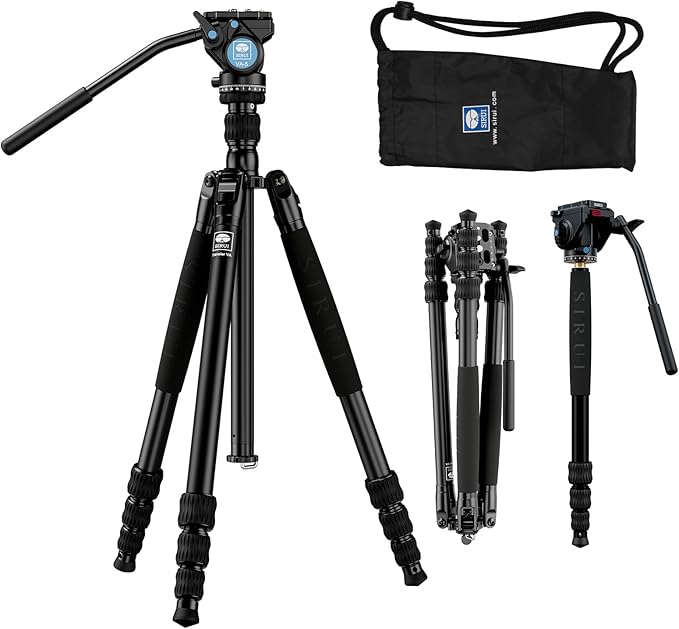 SIRUI Aluminum Camera Tripod Monopod with VA-5 Fluid Pan Head, 62.6″Heavy Duty Tripod Kit for DSRL, Binocular, Spotting Scope, Quick Release Plate, 1/4" 3/8" Screws, Payload 6.6lbs -Traveler VA