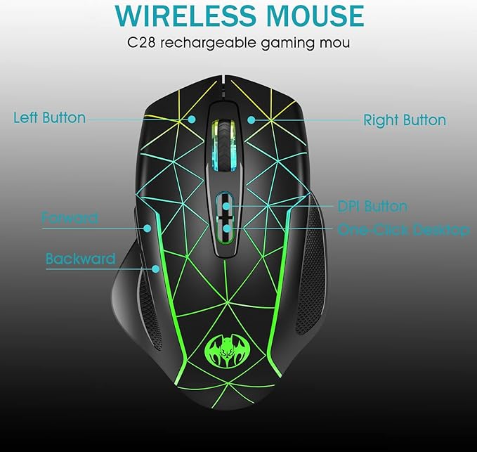 VEGCOO Wireless Gaming Mouse, Rechargeable Mice 3 Level DPI With Colorful Led Lights, Silent 7 Buttons Gaming Wireless Mouse With Side Buttons & Thumb Rest, Computer Gamer Mouse PC/Mac, Laptop/Desktop