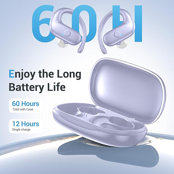 for Wireless Earbuds,Sport Bluetooth 5.4 Headphones,Over Ear Buds with Deep Bass Sound,60H Playtime Clear Calls Earphones Redesigned Comfort Fit with Earhooks for Running,Meeting,Workout-Purple