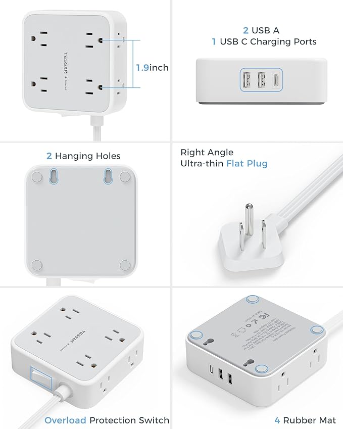 TESSAN Surge Protector Power Strip 15 Ft Cord, 8 Widely Spaced Outlets, 3 USB Charger(1 USB C Port), Ultra Thin Flat Plug Extension Cord 15 Feet, 900J Surge Protection for Home, Dorm Room Essentials