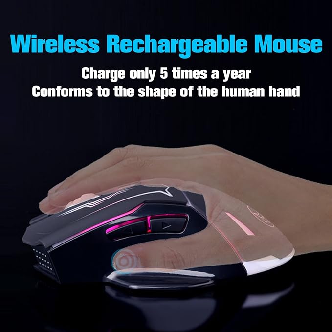 VEGCOO Wireless Gaming Mouse, Silent Click Wireless Rechargeable Mice with Colorful LED Lights & 3-Level DPI Adjustable, 6 Buttons Mouse with Side Buttons & Thumb Rest, Computer Gamer Mouse for PC