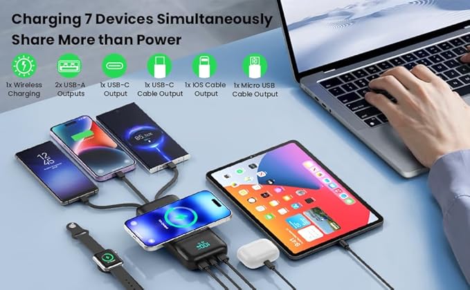 Wireless Portable Charger 40,800mAh with 3 Built-in Cables,15W Wireless Charging 25W PD QC4.0 Fast Charging USB-C Power Bank,7 Outputs LCD Display Battery Pack for iPhone 16/15/14/13/12,Android etc