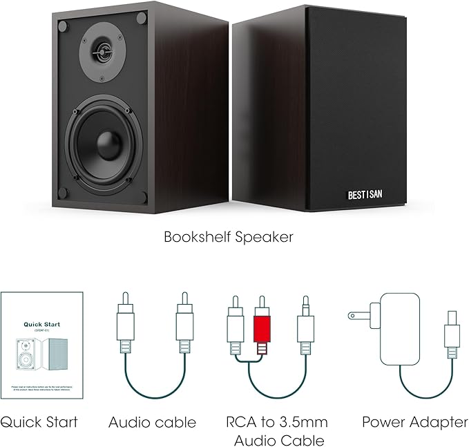 BESTISAN SR04F-01 Bookshelf Speakers with Bluetooth and Sub Out Port, Powered Stereo RCA Speakers for Turntables, Record Player, Desktop, TV, RCA Input, Pair