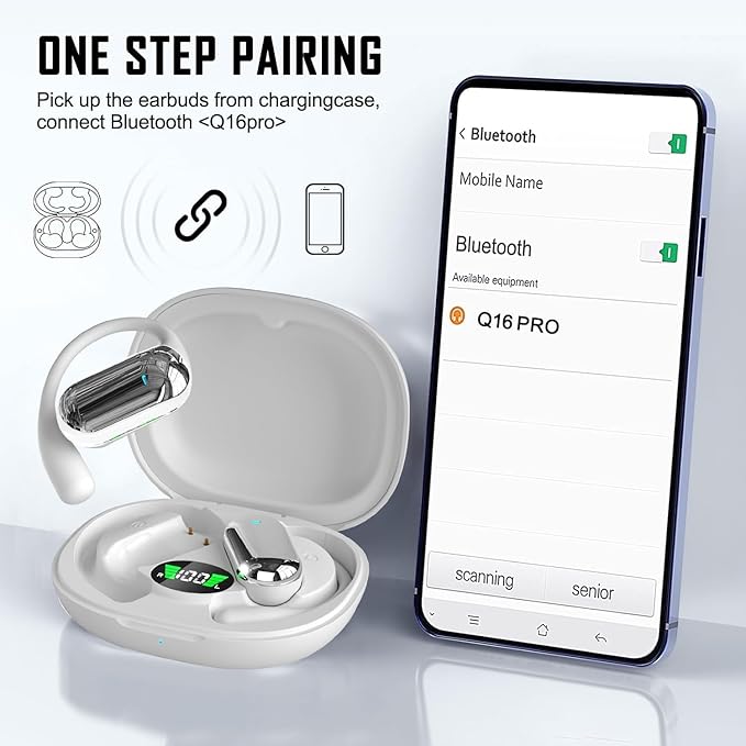 Open Ear Earbud Wireless Bluetooth 5.4 Earbuds,Intelligent Touch Screen Headphones,50H Playtime,Ergonomic Ear Hook,Built-in Mic,LED Display Charging Case,for Sport Running Fitness (Silver)