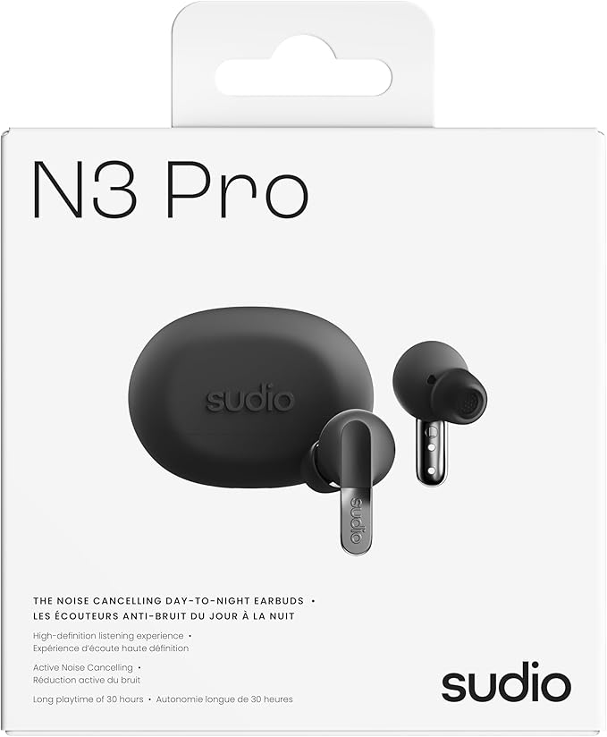 sudio N3 Pro Wireless Earbuds – Active Noise Cancelling (ANC), 30-Hour Playtime, Sweat & Splashproof, Eco-Friendly Design with Recycled Materials, Comfortable Fit, Premium Metallic Finish (Black)