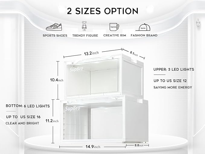 SupBro Led Collection Crate - Voice Control - Easy Access Storage Shoes box, Stackable Shoe Storage with clear plastic door for sneakers - (10.4 x 13.2 x 8.1 inch (6pack), White)