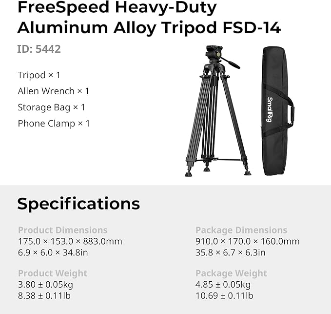 SmallRig FreeSpeed Heavy Duty Video Tripod, 74" Camera Tripod with 360° Fluid Head for Manfrotto Plate, One-Knob Quick Extend, 75mm Bowl, Load up 17.64lb for DSLR Mirrorless Camera, Camcorder- FSD14