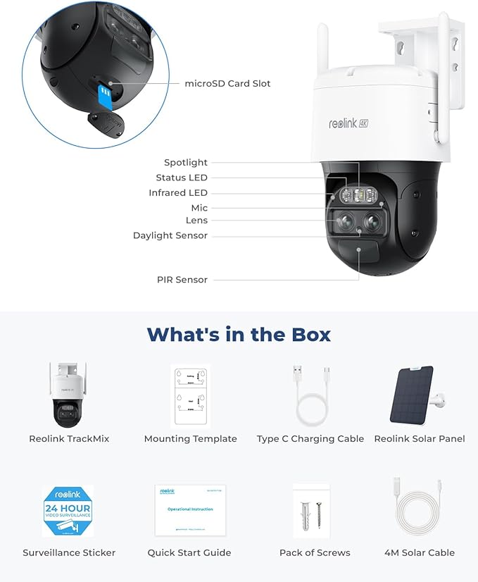 REOLINK TrackMix+Solar Panel, 4K Solar Security Cameras Outdoor with Auto Tracking, 360° Pan Tilt, 8X Hybrid Zoom, Color Night Vision, Smart AI Detection, No Subscriptions, Home Hub Compatible