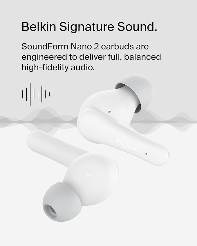 Belkin SoundForm Nano 2 Bluetooth Earbuds for Kids with Built-in Microphone, 28H Battery Life, Safe 85dB Volume, IPX5 Water Resistance - Kids Bluetooth Earbuds for iPhone, iPad, Galaxy, & More - White