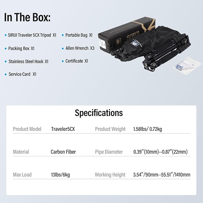 SIRUI 52" Carbon Fiber Travel Tripod, Compact Lightweight Camera Tripod, 360° Ball Head Detachable, Load 10kg/22lbs, Folded Height 13" (Traveler 5CX)