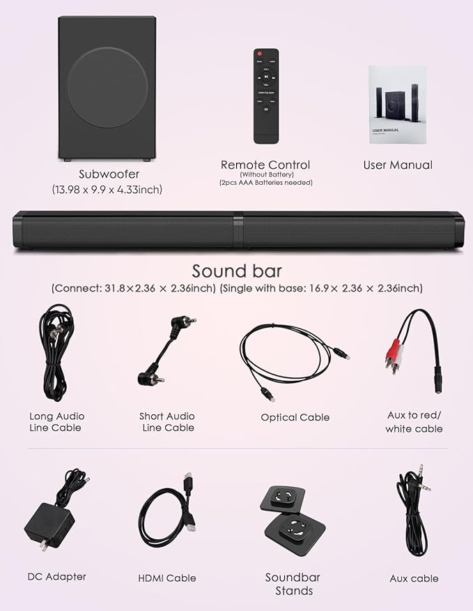 2 in 1 Separable Sound Bar for Smart TV with Subwoofer, Bluetooth 5.0 Surround Sound System for Home Theater, ARC/Optical/Aux/USB TV Speaker, Treble/Bass Adjust, 10 EQ Modes, Remote Included