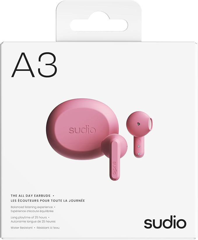 Sudio A3 All-Day Wireless Earbuds – 25H Playtime, Bluetooth 5.4, Sweat & Splashproof, Balanced Sound, Clear Calls with Enhanced Mics, USB-C Charging, Made from Recycled Plastics (Pink)
