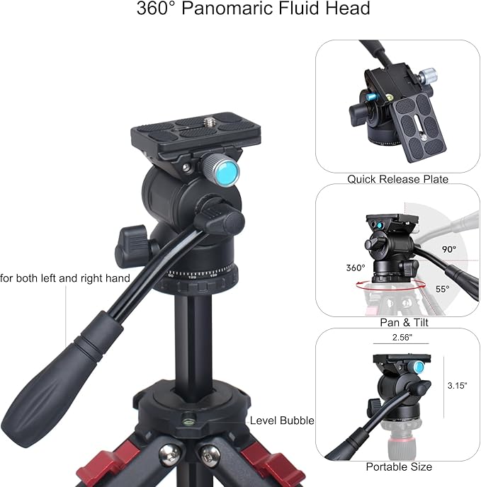 Travel Tripod, 68" Camera Fluid Tripod Lightweight Aluminum Portable for DSLR/SLR Cameras, Video Camcorders, Action Cameras, Phones, Telescopes...11lbs (TM66-FB1)