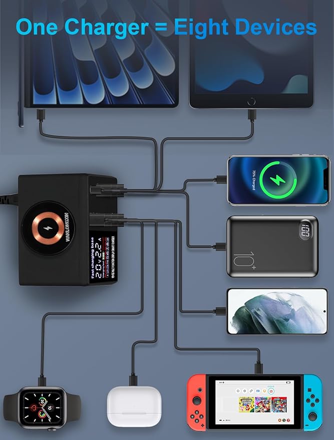 110W USB Charging Station, 8-Port Multi USB Charging Station, Fast Charger Compatible with iPhone, Samsung, Galaxy, ipad, Drone, Android, Speakers, Suitable for Home,Office,Travel Etc