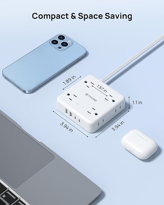 TROND 360° Rotating Flat Plug Power Strip, 10FT Flat Extension Cord with Multiple Outlets 4 USB (2 USB C), Wall Mount Surge Protector 1440 Joules for Home Office Travel Dorm Room Essentials, White