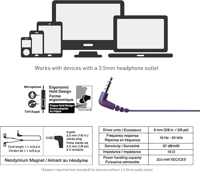 Panasonic ErgoFit Wired Earbuds With Microphone, 3.5mm Jack Headphones with Mic and Call Controller, Ergonomic Custom-Fit Earpieces (S/M/L), for Phones and Laptops - RP-TCM125-VA (Metallic Purple)