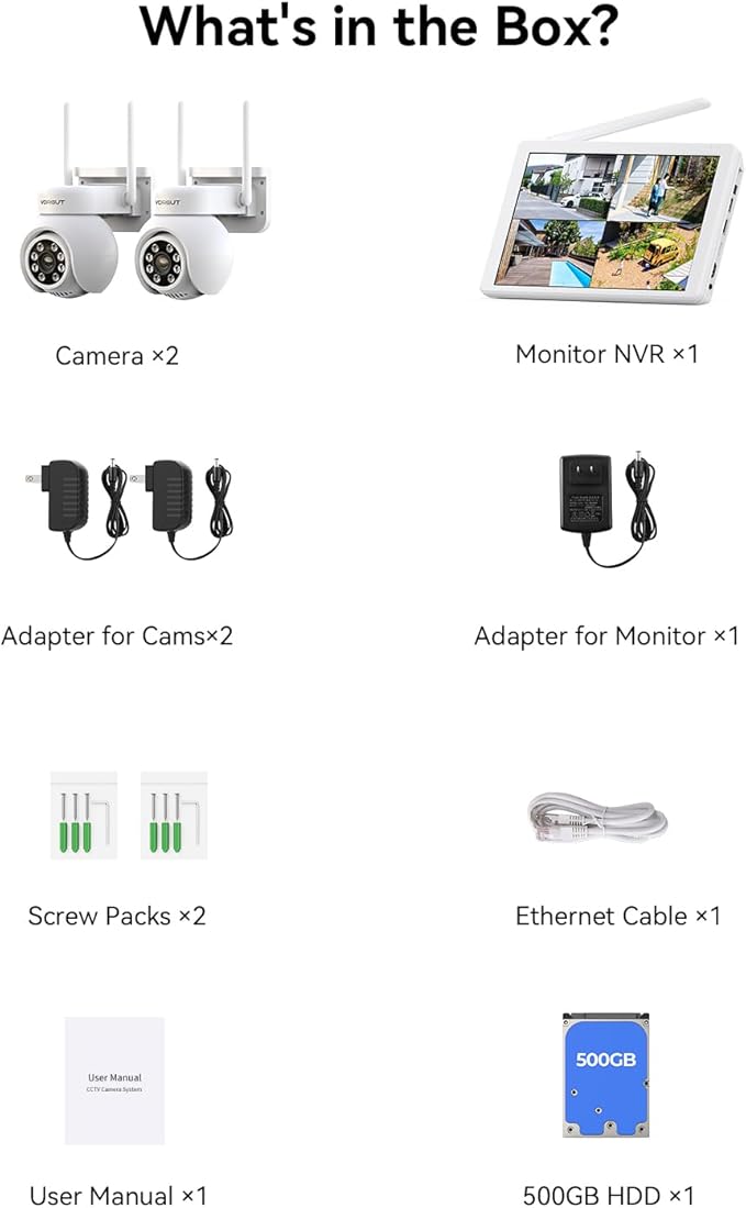 Wireless Security Camera System with 10" LCD Monitor, 2PCS 3MP PTZ Outdoor Camera for Home Surveillance, 10CH NVR with 500G HDD,Auto Tracking,Human Detection,Color Night Vision,No Monthly Fee