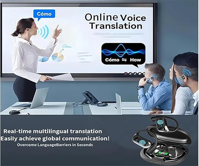 Ai Translation Earbuds Headphones Real Time 144 Languages Audifonos Traductores Inglés Español, Open Ear Wireless Earphones Perfect for Travel, Business & Language Learning,Dark Blue