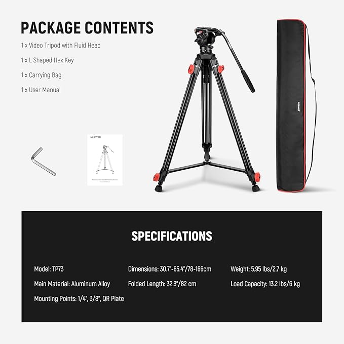 NEEWER Video Camera Tripod Fluid Head, Heavy Duty Lightweight Compact Portable Travel Stand for DSLR Camcorder Compatible with DJI Gimbals Compatible with Manfrotto QR Plates, Max Load 13.2 lbs, TP73