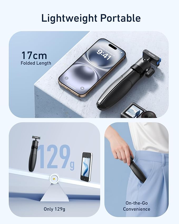 TELESIN 40cm/15.7'' Mini Selfie Stick Tripod, Magnetic Quick Release Selfie Sticks Handle Grip, Portable Vlog Monopod, 360° Adjustable Extended Pole for DJI Osmo Action 5 Pro/4/3 Camera Accessories