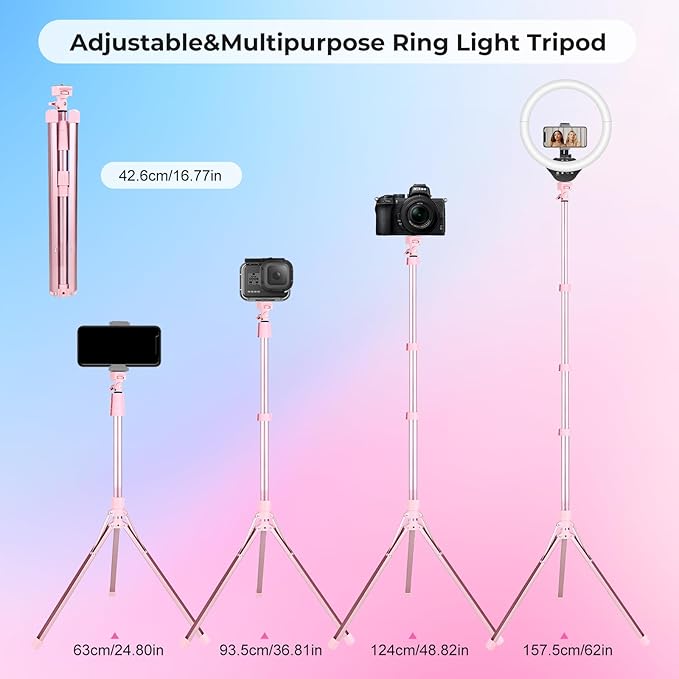 Aureday 14'' Pink Selfie Ring Light with 62'' Tripod Stand and Phone Holder, Dimmable LED Phone Ringlight for Makeup/Video Recording/Photography, Circle Lighting for Cell Phones&Lightweight Cameras